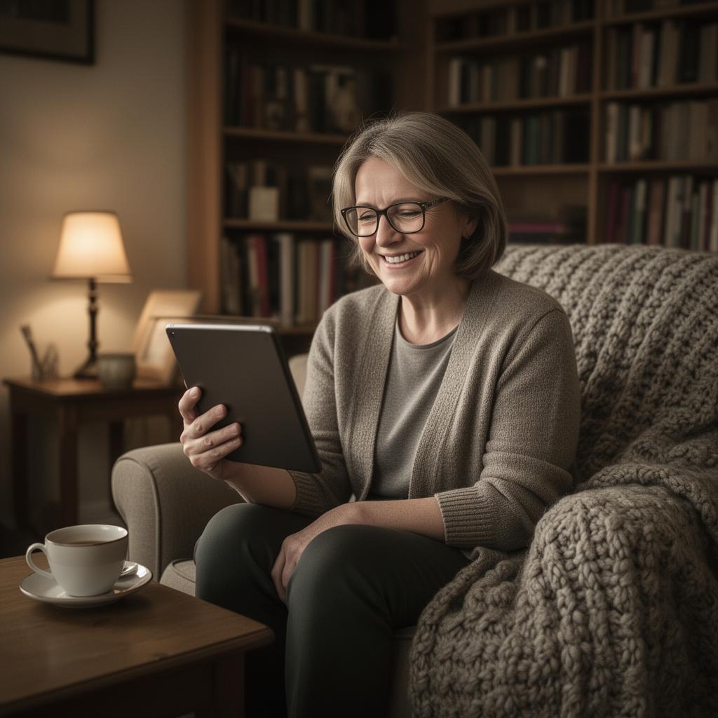 A mother on a video call with her daughter, sitting in a cozy English living room with a cup of tea