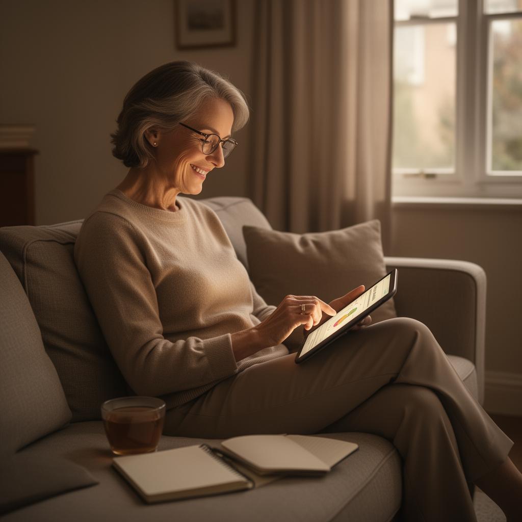 A woman sitting comfortably on a sofa with a tablet, smiling while learning Spanish