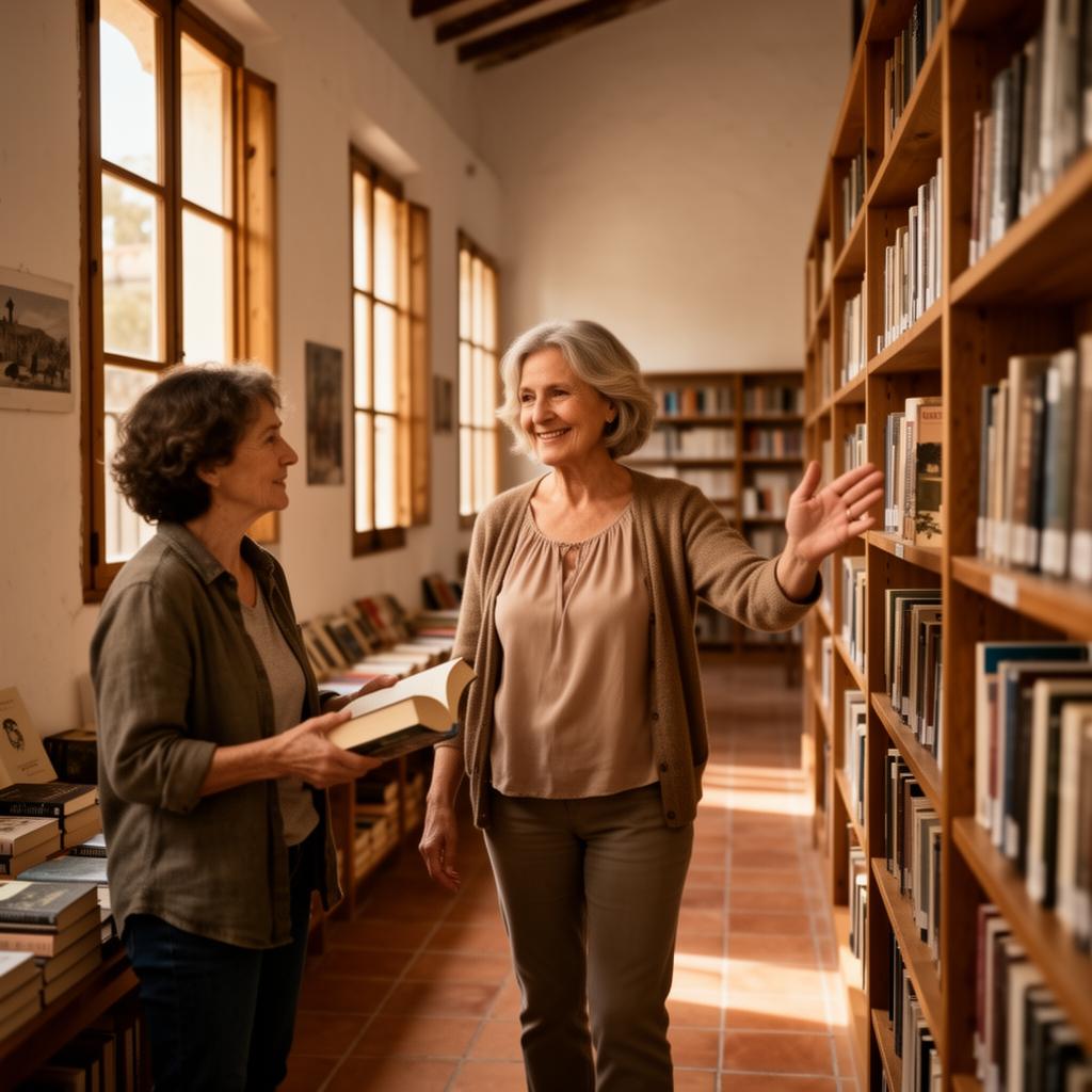 A friendly woman helping a child find a book in a charming small Spanish town library