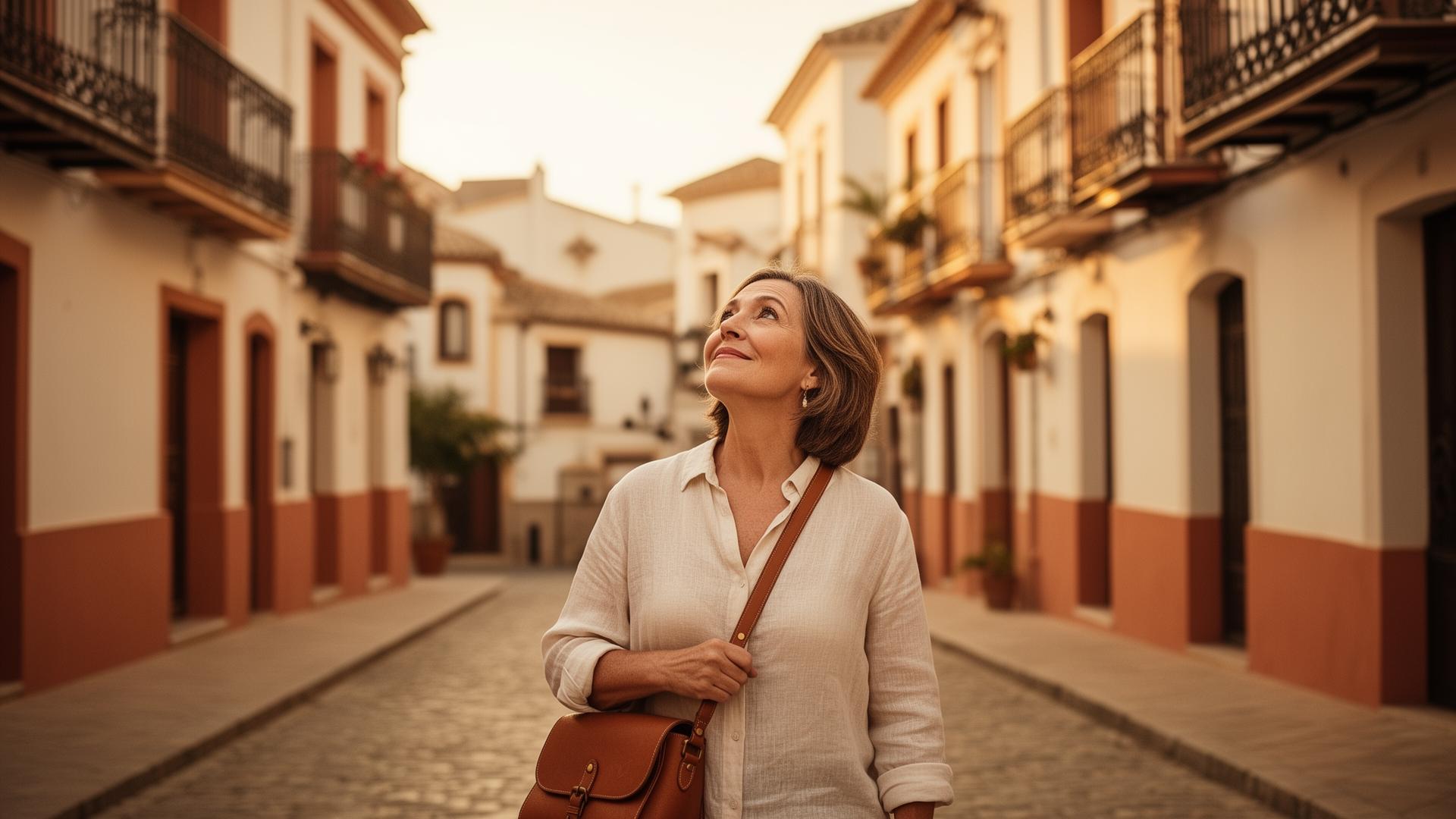 A woman arriving in a sunny Spanish town, looking up at Mediterranean architecture