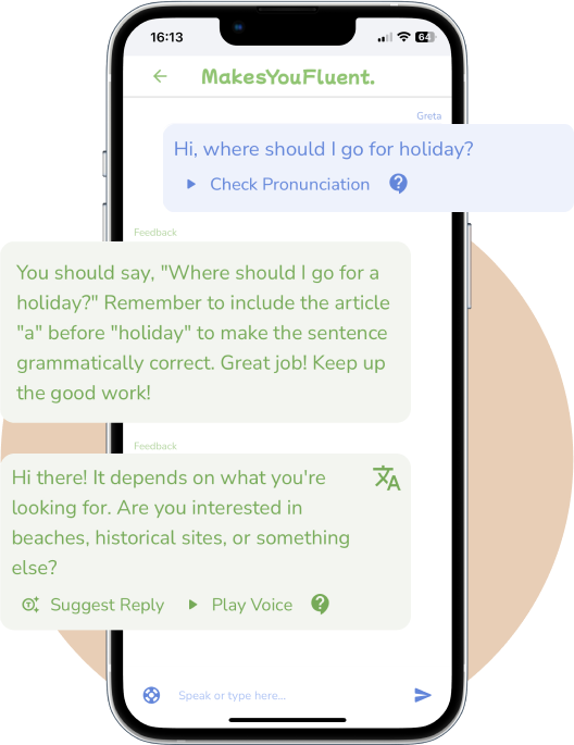A real conversation practice inside the MakesYouFluent app