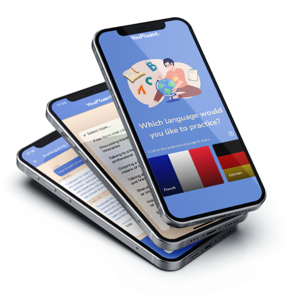 MakesYouFluent app shown across three iPhones
