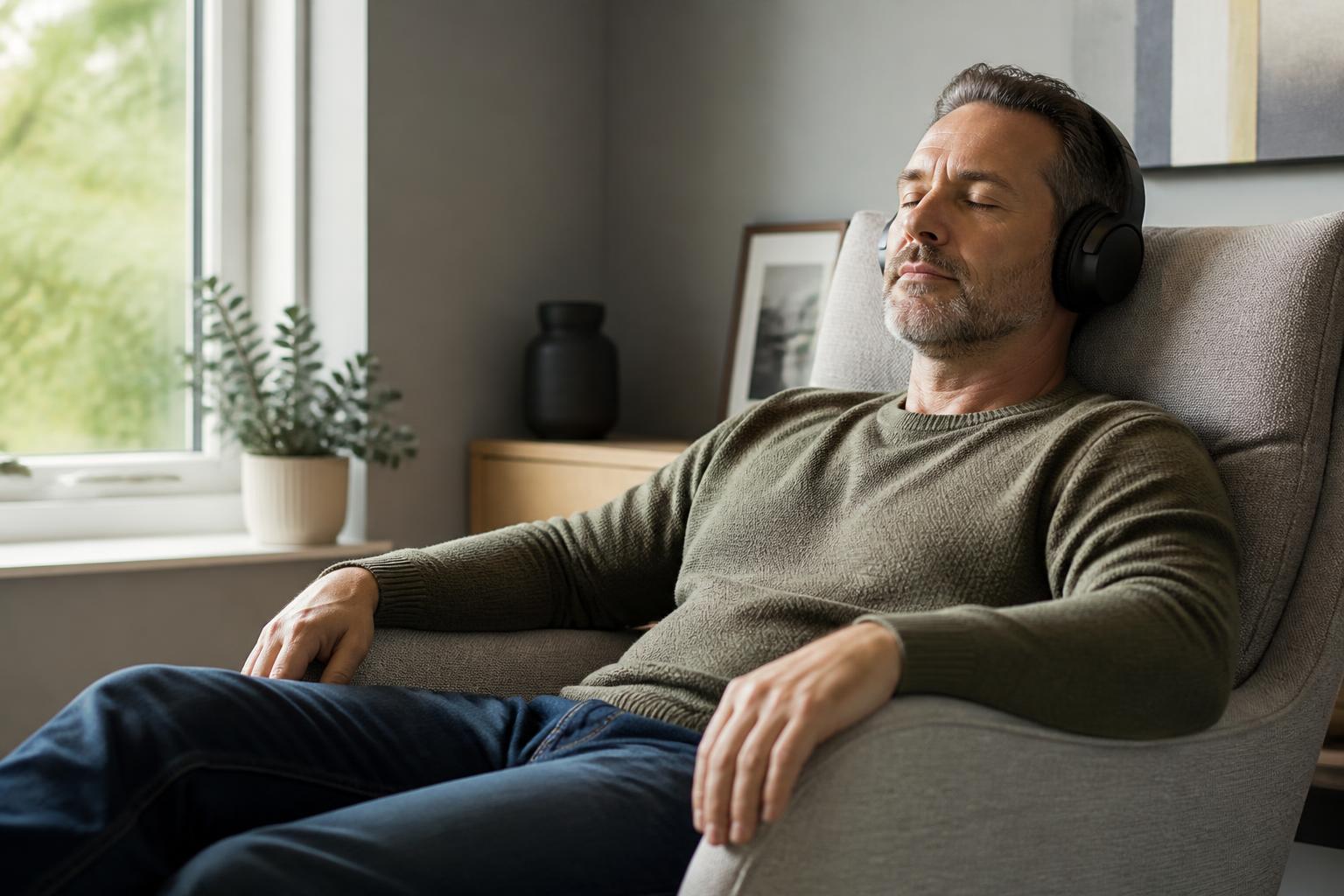 Man reclining in an armchair listening to a session through headphones